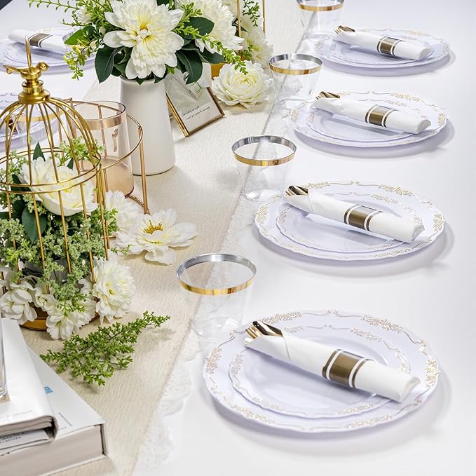 U-QE 175 Pieces Gold Plastic Plates and Napkins Party Supplies - White and Gold Dinnerware Set 25 Guest - 25 Dinner Plate, 25 Dessert Plates, 25 Per Rolled Napkins with Gold Cutlery, 25 Cups 9 OZ