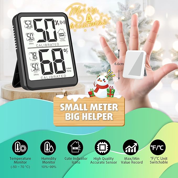 Antonki Room Thermometer, Digital Small Hygrometer Indoor Thermometer Humidity Gauge, Temperature Humidity Meter with Max/Min Record Monitor Sensor for Home, Plants - Battery Included