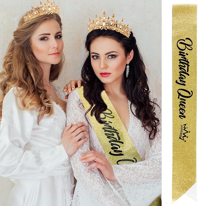 Velscrun Gold Crystal Birthday Queen Tiara Crown for Women Girls Birthday Queen Headband Sash Elegant Princess Crown with Combs Hair Accessories Happy Birth Party Decorations Mom Birth Gift