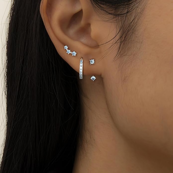 FIASASO 3 Pairs 925 Sterling Silver Hypoallergenic Earrings for Women Trendy - 14K Gold Plated Stud Hoop Cartilage Earrings Set Small Earring Stacks for Sensitive Ears Non Tarnish Dainty Silver Earring