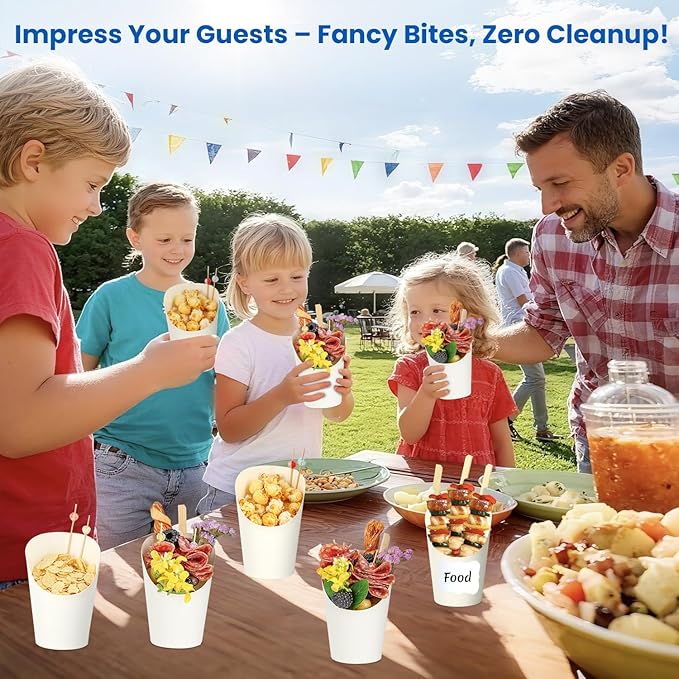 50 Pcs 14oz Paper White Charcuterie Cups with 200 Bamboo Sticks & 50 Clear Bags, Elegant Disposable Snack Cups for Weddings, Baby Showers, Picnics & Holiday Parties