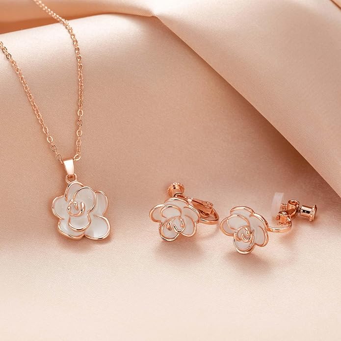 Dainty Rose Flower Pendant Necklace Clip On Earrings Set for Women 14K Gold Plated Hypoallergenic Jewelry Sets