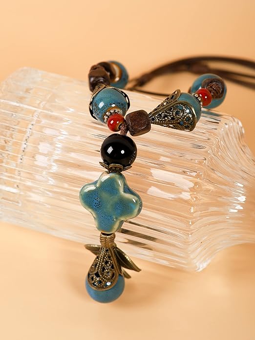 MINACHI Vintage Bohemian Ethnic Colorful Ceramic Bead Long Y Necklace, Hippie Boho Summer Fashion Jewelry Gift for Women