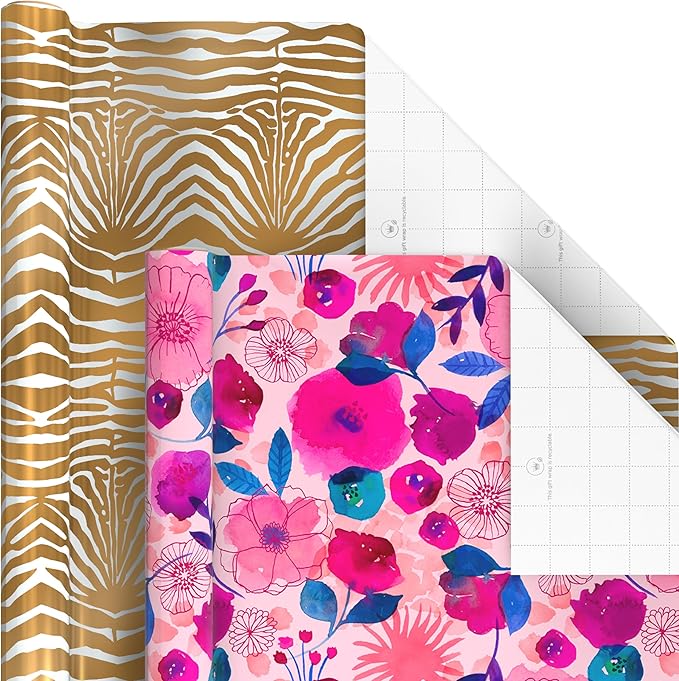 Hallmark Wrapping Paper Rolls for Birthday, Bridal Shower, Baby Shower, Gift Wrap Paper (Set of 6 Rolls: 180 sq. ft. ttl.) Butterflies, Gold Animal Print, Pink Flowers for All Occasions
