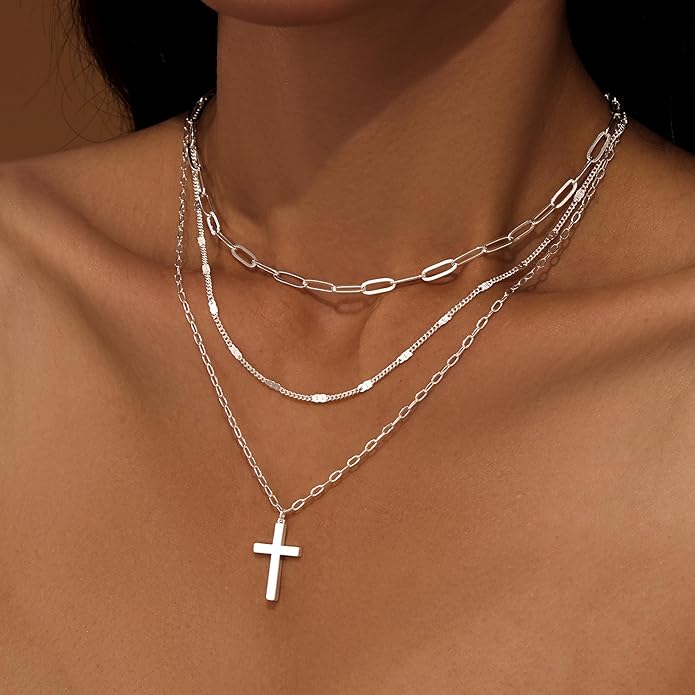 Layered Gold Necklaces for Women, Stackable Dainty 14K Gold Silver Plated Trendy Simple Heart Diamond Cross Bow Circle Pendant Paperclip Choker Dot Chain Necklace,Jewelry Set Gifts for Women