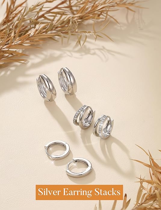 MILACOLATO 3 Pairs Small 14K Gold Plated Hoop Earrings for Women Trendy Hypoallergenic Silver Earring Stacks Huggie Hoops Earring Sets for Multiple Piercing Chunky Double Hoop Jewelry Lightweight