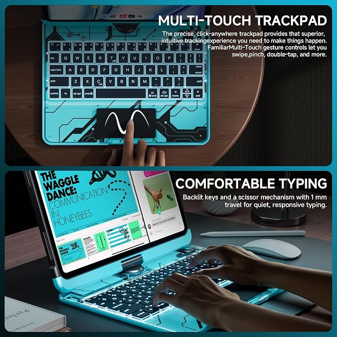 Transparent Case with Keyboard for iPad Air 13 Inch (M3/M2, 2025/2024), iPad Pro 12.9 Inch (6/5/4/3 Gen),7-Color Backlit,Magic Wireless Keyboard, 360°Rotating,with trackpad,Pencil Holder,Blue