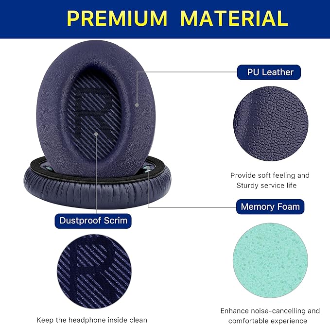 Replacement Ear Pads for Bose QuietComfort 35 (QC35) & Quiet Comfort 35 II (QC 35 ii) Headphones, EarPads Cushions with Noise Isolation Memory Foam, Softer Protein Leather, Added Thickness