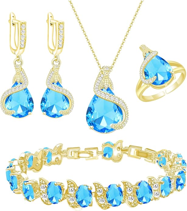 GZWHD Jewelry Set for Women Water Drop Cubic Zirconia Artificial Crystal Earrings Pendant Necklace Open Ring Tennis Bracelet Wedding Anniversary Birthday Engagement Gift for Bridesmaid Wife Girlfriend Friend