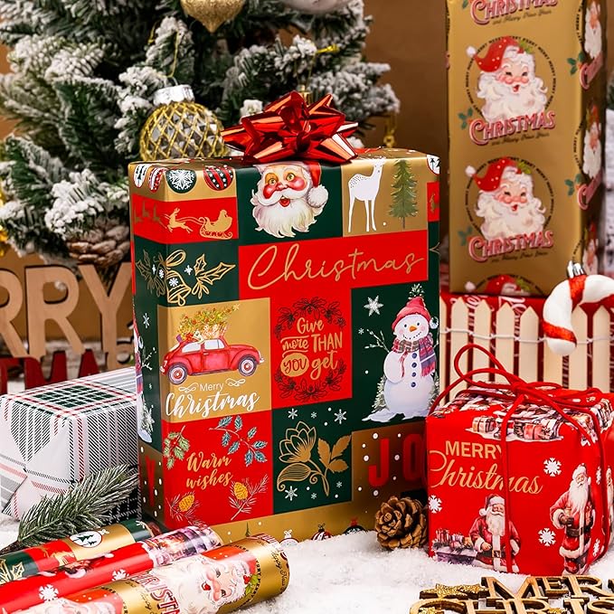 MAYPLUSS Reversible Christmas Wrapping Paper Rolls - 17" X 120" Per Roll - Classic Vintage Funky Red Santa Claus Wrap Present Paper for Festive Celebrations