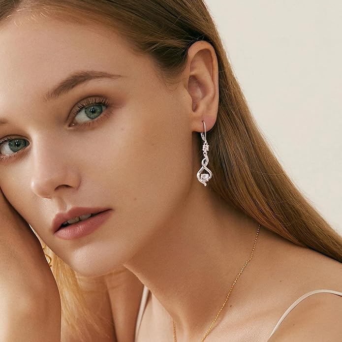 Sterling Silver Dangle Earrings for Women Trendy Hypoallergenic Leverback Silver Drop Earrings with Cubic Zirconia Double Twisted Infinity Heart Ball Charm Dangle Drop Earring Jewelry