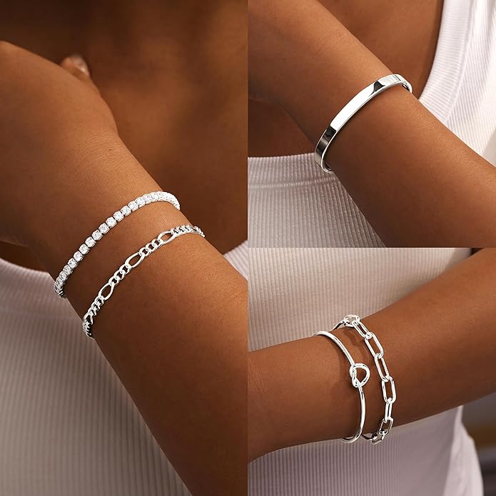 Gold Bracelets Set for Women Non Tarnish, 14K Gold Plated Sterling Silver Chunky Cuff Bracelet Stackable Gold Bangles Bracelet for Women Trendy Fashion Accessories Tie Knot Cuban Rope Paperclip Beaded Bracelet Stack Jewelry Valentines Day Gifts