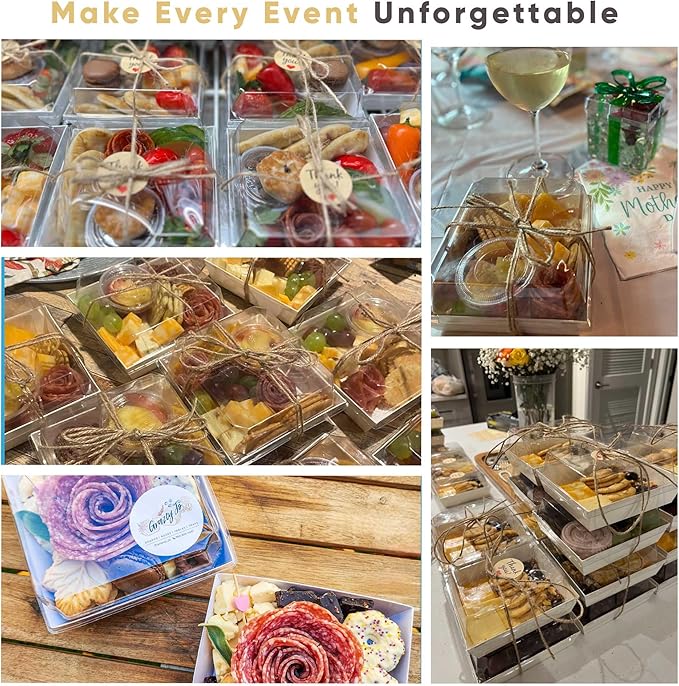 50 Pack Small Charcuterie Boxes with Clear Lids - To Go Paper Mini Charcuterie Box, Disposable Food Containers, 5Inch Dessert Boxes - Sandwich, Cookie, Sushi, Cake Slice, Strawberries (White)