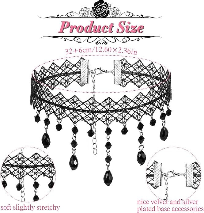 Ouligay Gothic Black Choker Necklace for Women Gothic Black Necklace Adjustable Vintage Goth Lace Collar Crystal Goth Jewelry Gifts for Halloween Cosplay Party Prom Costume Jewelry Accessories