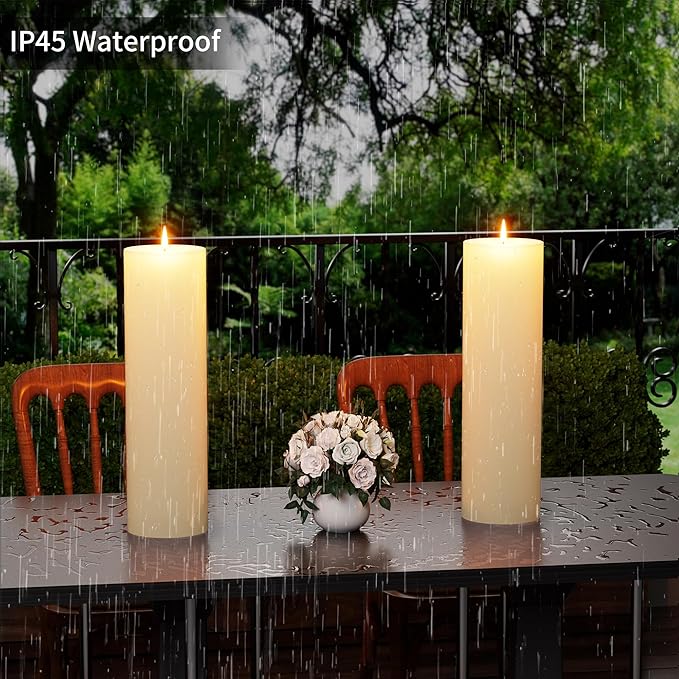 14" x 4" Large Outdoor Candles with Timer Waterproof Flickering LED Flameless Candles Battery Operated with Remote Fake Pillar Candles Realistic for Patio Porch Lanterns, Ivory 2 Pack