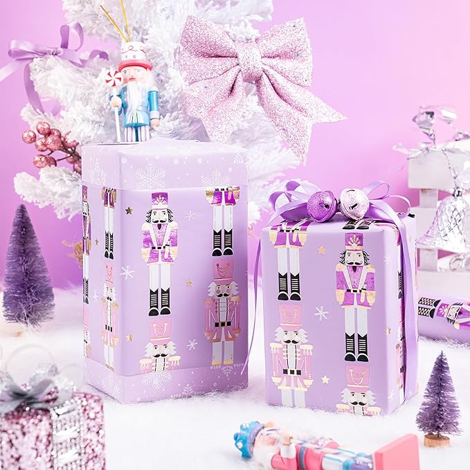 RUSPEPA 30" X 32.8' Reversible Christmas Wrapping Large Paper Roll, Jumbo Roll, Gold Foil Purple Nutcracker Soldier and Snowflakes Design Gift Wrap for Girls, Women, Family, Xmas Holiday Gifts