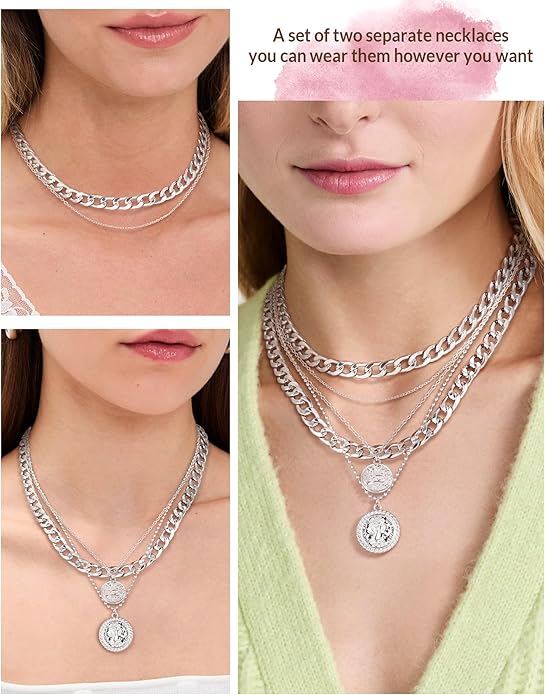 MJartoria Layered Necklaces for Women Trendy Retro Coin Pendant Necklace Dainty Chunky Chain Necklaces for Jewelry Birthday Gifts