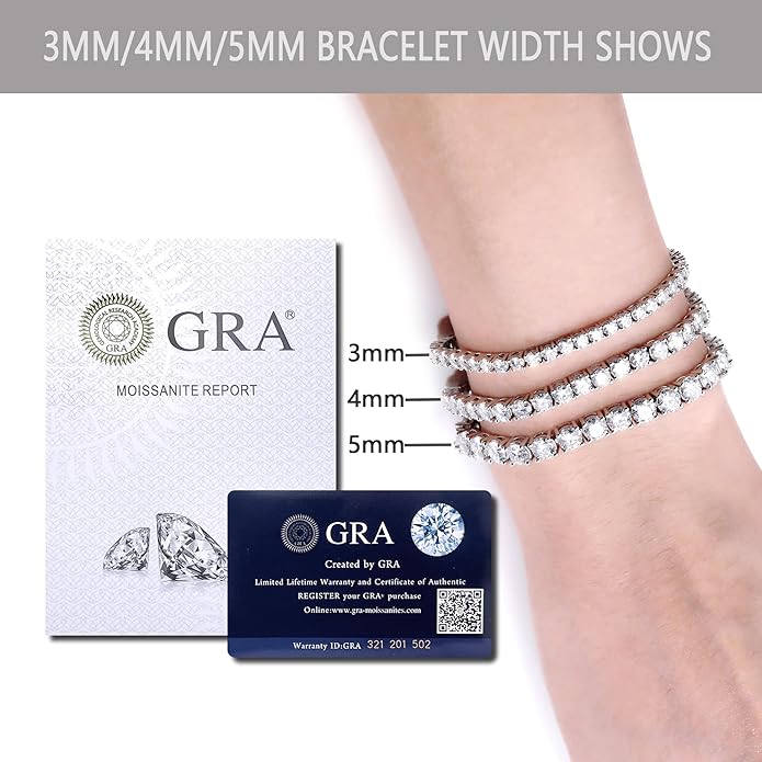 5.2-17 Carats Moissanite Diamond Tennis Bracelet for Women Men 18k White Gold Gold Plated 925 Sterling Silver Bracelet 3mm/4mm/5mm DEF Color VVS Round Cut Lab Created Moissanite Diamond Bracelet with GRA Certificate