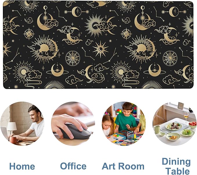Gaming Desk Pad Large Extra Length Clouds, Moon and Sun Mouse Pad Keyboard Laptop Non-Slip Waterproof with Rubber Base Thick Stitched Edge Mouse Mat for Office Home 35.4 x 15.7 Inches