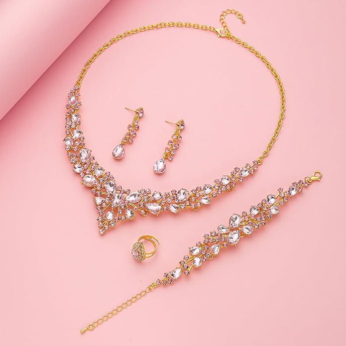Crystal Bridal Wedding Jewelry Sets for Women Rhinestone Teardrop Crystal Statement Choker Necklace Drop Earrings Link Bracelets Rings Teardrop Jewelry Set for Brides Bridesmaids