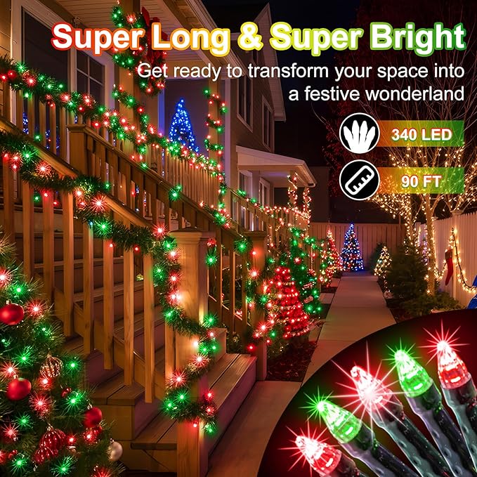 340 LED 90FT Christmas String Lights Outdoor, 12 Pro Modes and Timer Memory & Brightness, Plug in Waterproof Dark Green Wire Twinkle Light for for Xmas Yard Tree Wedding Party Decor (Red & Green)