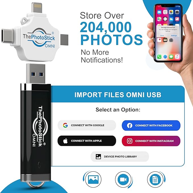 ThePhotoStick® Omni 128GB USB Flash Drive & Memory Stick – Photo & Video Backup for iPhone, Android, Mac & PC – Multiport Connection to Easily Store & Transfer Files