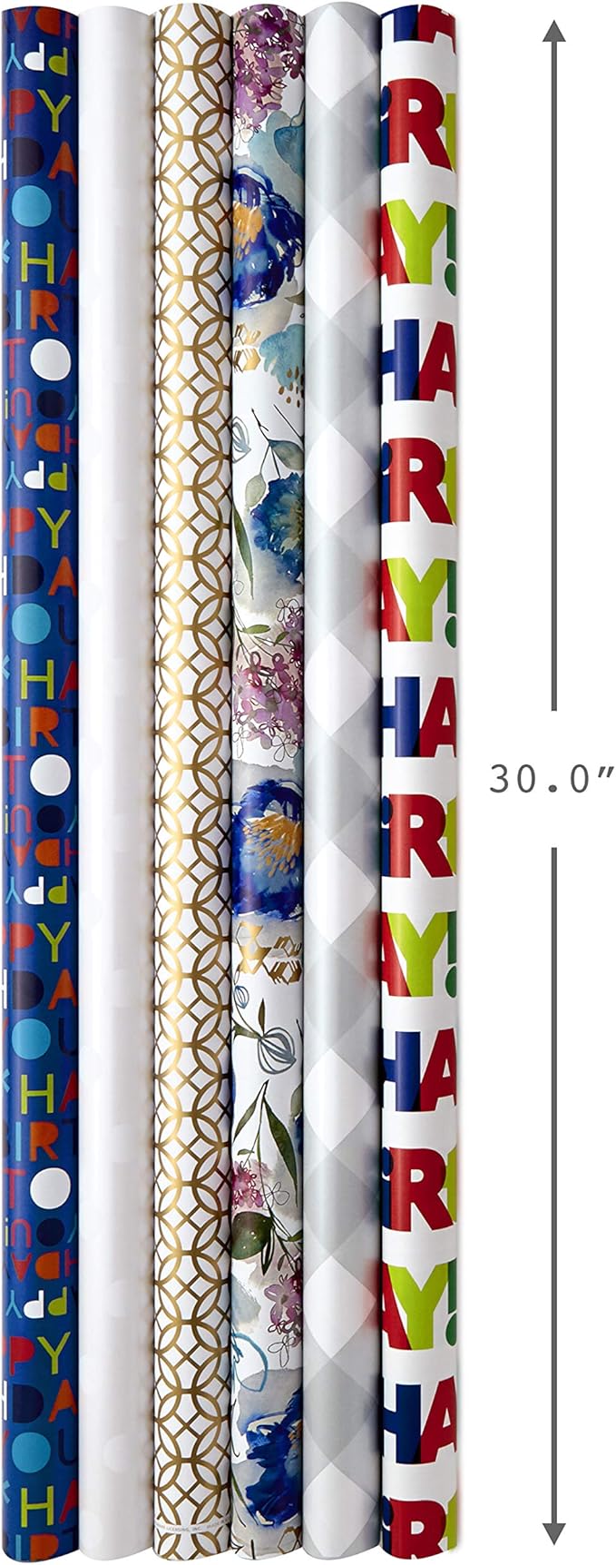 Hallmark Birthday Wrapping Paper Rolls for Graduation, Wedding, Baby Shower, Bridal Shower - Floral, White and Gold & Polka Dot Gift Wrap Paper (Set of 6 Assorted Rolls: 180 sq. ft. ttl.)