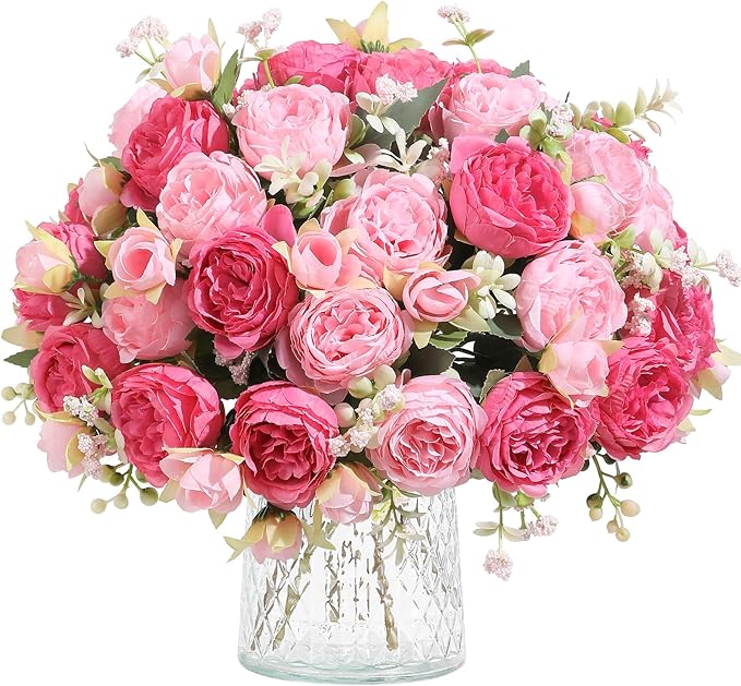 Floweroyal 2 Bunches Peony Artificial Flowers Pink Flowers Silk Peonies Bouquets for Wedding Party Table Centerpieces Floral Arrangement Home Kitchen Decor