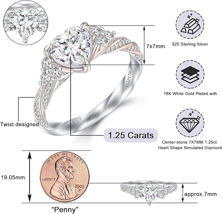 Elspeth 925 Sterling Silver Heart Engagement Ring for Women Heart Cut Cubic Zirconia Promise Ring Size 4-10