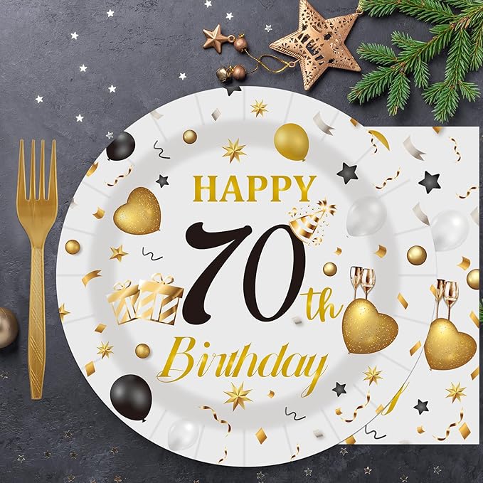 75PCS 70th Birthday Plates and Napkins Party Decorations, 7 Inch Premium Grey and Gold Happy Birthday Paper Plates and Napkins Disposable Tableware Set 70 Year Old Birthday's Party Decor for Women Men