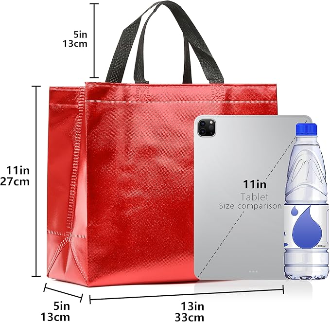 KeerxunBag 12Pcs Reusable Gift Bags（Includes Tissue Paper） Gift bag with handle Birthdays Parties Holidays Weddings Medium 13x5x11in Red Gift Bags