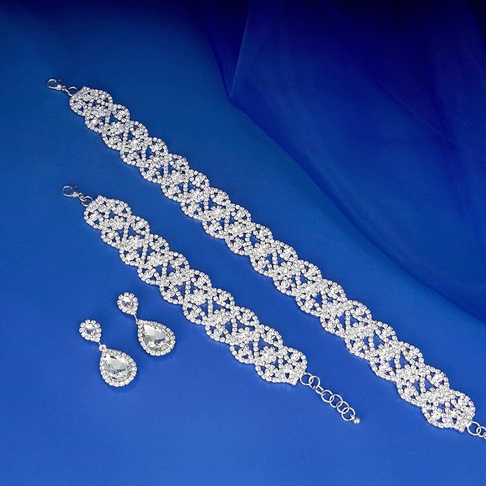 3/4 Pieces Women Jewelry Set Artificial Rhinestone Crystal Bride Statement Choker Necklace Tiara Crown Link Bangle Bracelet Teardrop Dangle Earrings Set