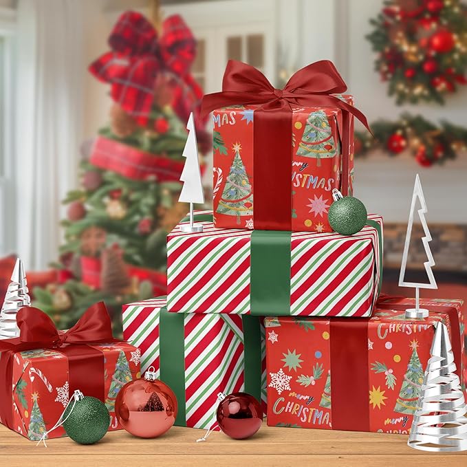 LaRibbons Reversible Christmas Wrapping Paper Roll, Classic Christmas Tree Design with Candy Canes & Snowflakes, Red Holiday Gift Wrap Paper for Xmas, Season Party Celebration, 17 Inch X 33 Feet