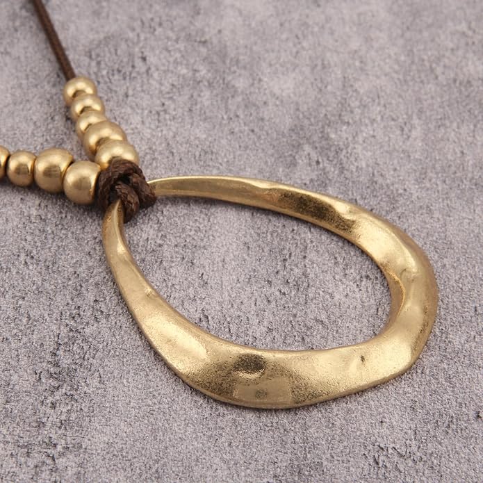 Boho Leather Necklace Women Bohemian Brown Circle Pendant Necklace Choker Long Necklaces for Women Boho Ring Large Pendant