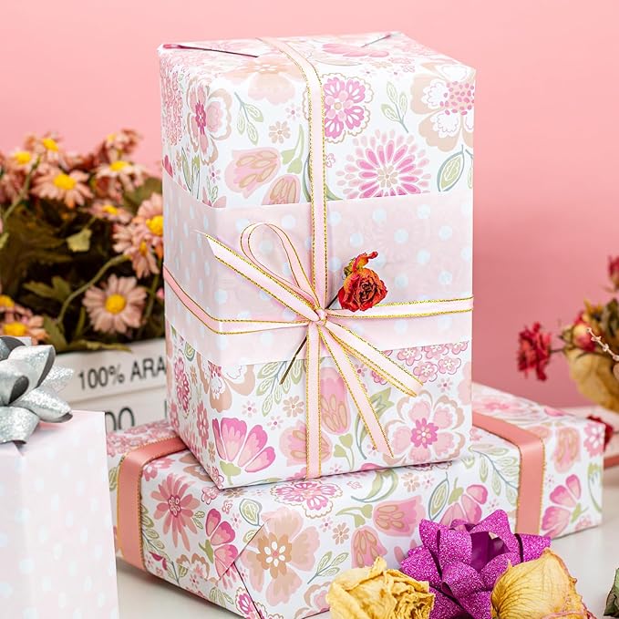 MAYPLUSS Pink Gift Wrapping Paper, Reversible Mother's Day Wrapping Paper, Romantic Pink Floral Premium Girl Gift Wrap Paper for Wedding, Bridal Shower, Valentine's Day, Birthday, (17Inch X 33Feet)