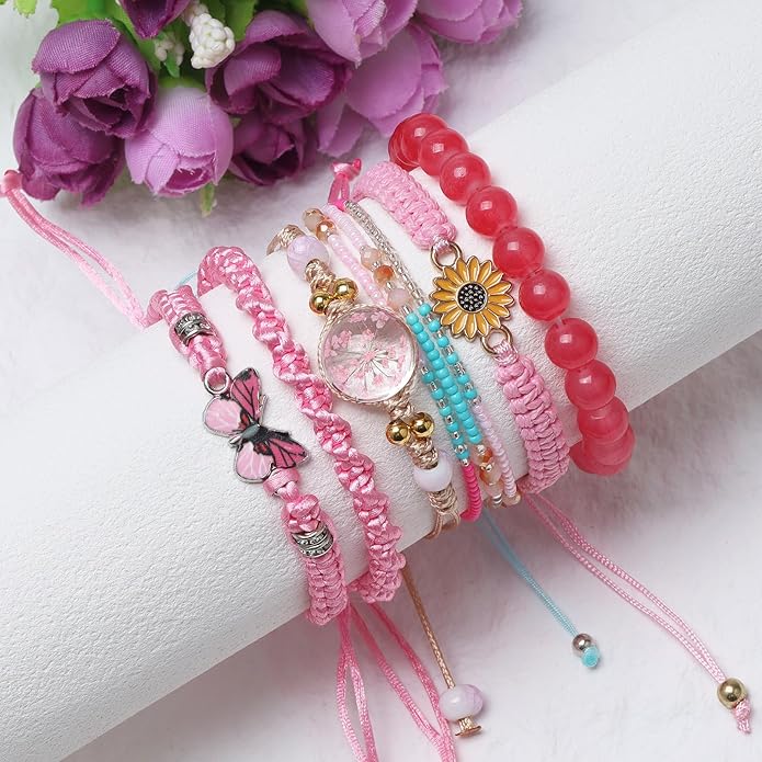 DS 6PCS String beads Charm Bracelets for Teen Girls Handmade Braided Rope Butterfly daisies Eternal flower Boho Surfer Bracelet for women Adjustable friendship Stretch birthday jewelry Gift Friends