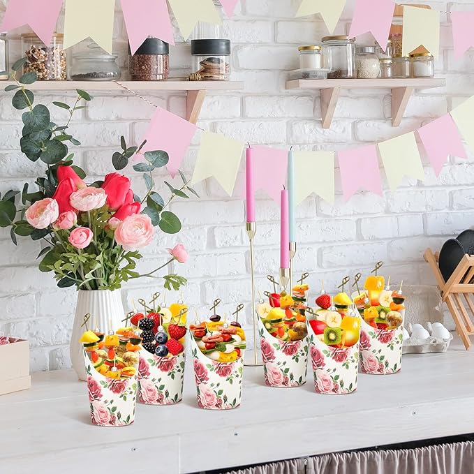Tioncy 250 Pcs Charcuterie Cups with Cocktail Picks Sets, Bridal Shower Decoration 50 Charcuterie Cups with 200 Sticks for Wedding Baby Shower Floral Boho Witch Party Decorations(Rosy,Blossoms)