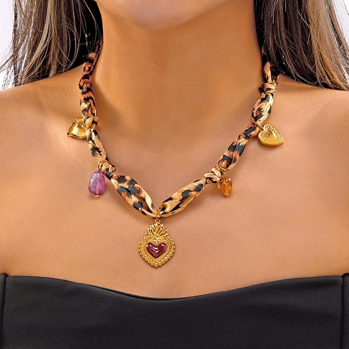 RINHOO FRIENDSHIP Silk Scarf Necklace for Women - Adjustable Boho Vintage Bandana Choker with 18K Non-Tarnish Gold Charms (Assorted Pendants & Patterns) Layered Jewelry Gift Box