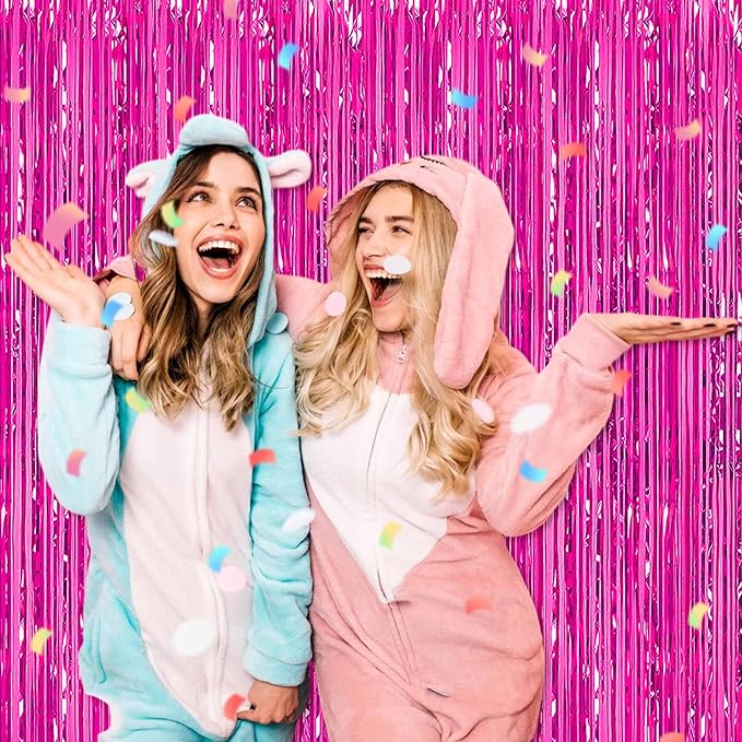 3 Pack Fuchsia Foil Fringe Curtains Backdrop, 3.28 x 8.2 Ft Metallic Streamers Tinsel Curtains Background for Photo Booth, Birthday, Halloween, Christmas, Thanksgiving, New Year Party Decorations