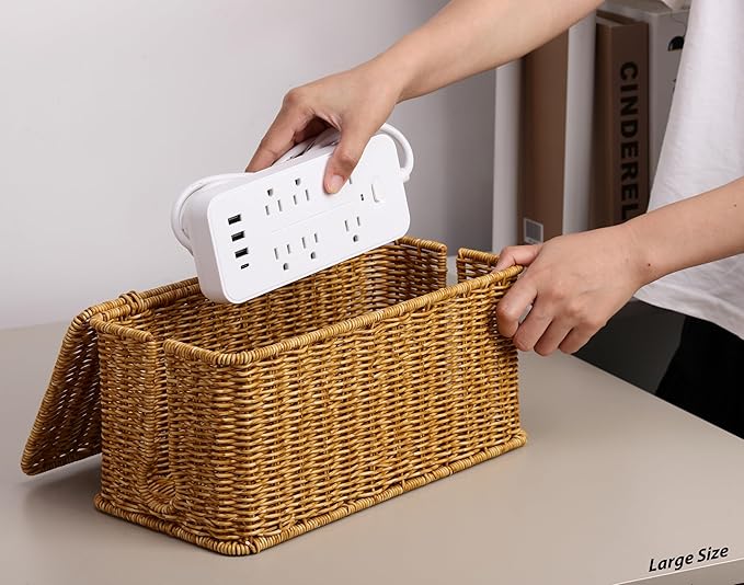 2Pack Large Cable Management Box, Handwoven Imitation Rattan Cord Organizer Cord Hider Box, Desk Wire Management to Hide Cords and Power Strips, Natural