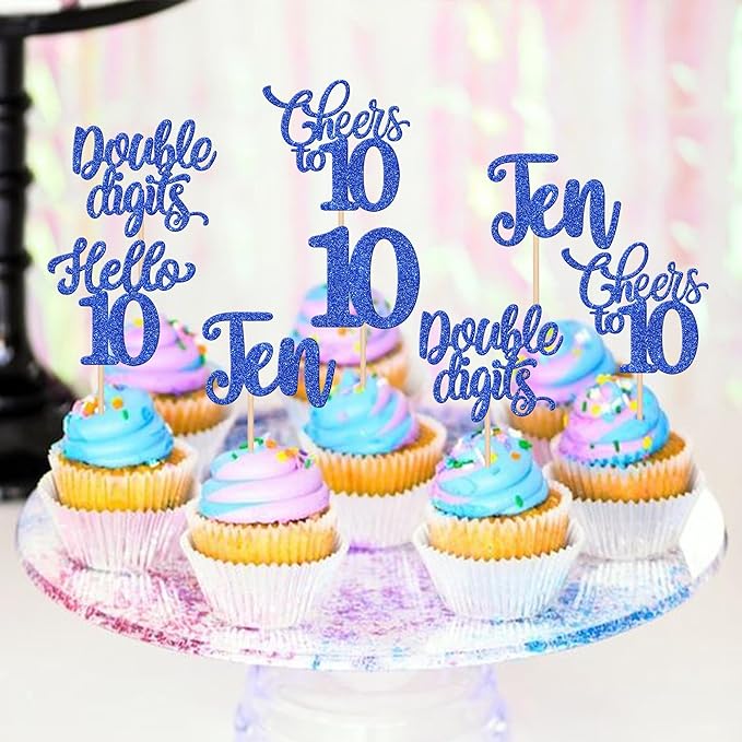 30PCS Happy 10th Birthday Cupcake Toppers Glitter Ten Double Digits Hello 10 Cupcake Picks Cheers to 10 Birthday Decorations for 10th Birthday Anniversary Party Cake Decorations Supplier Blue