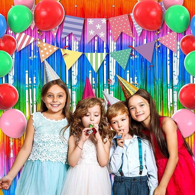 3 Pack Dark Rainbow Foil Fringe Curtains Backdrop, 3.28 x 8.2 Ft Metallic Streamers Tinsel Curtains Background for Photo Booth, Birthday, Halloween, Christmas, New Year Party Decorations