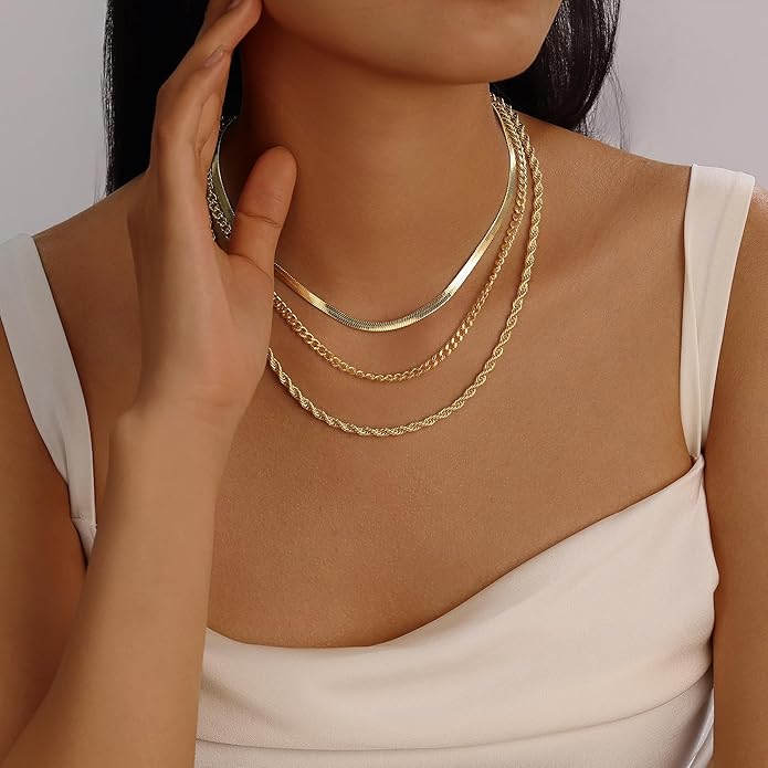Evabelle Gold Layered Necklace for Women Trendy Jewelry 14K Real Gold Plated Chunky Chain Stackable Necklaces Dainty Choker Necklaces Rectangle Square Pendant