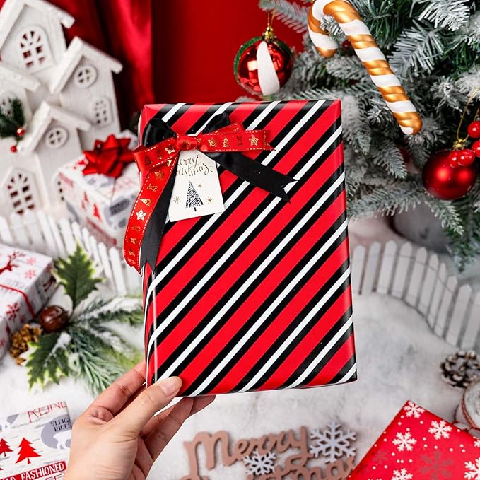 MAYPLUSS Christmas Wrapping Paper Jumbo Rolls with Gridlines - 30IN X 120IN - 4 Roll - Christmas Tree Snowflakes Reindeer Stripe for New Year Holiday Party Kids