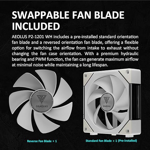GAMDIAS AEOLUS P2-1203 120mm ARGB PWM Fan (3 Pack, no Hub), Include Reverse Fan Blade x3 & Controller, ARGB Sync, Easy Installation & Cabless Daisy-Chain Design, Silent Operation, Up to 2400RPM, White