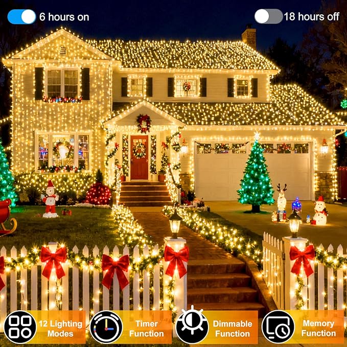 340 LED 90FT Christmas String Lights Outdoor, 12 Pro Modes and Timer Memory & Brightness, Plug in Waterproof Dark Green Wire Twinkle Light for for Xmas Yard Tree Wedding Party Decor (Warm White)