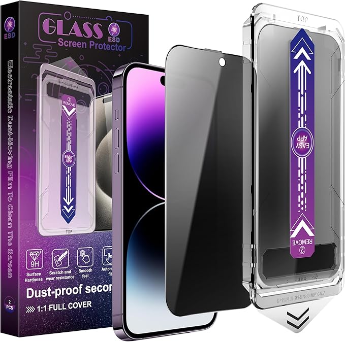 2 Pack Privacy Screen Protector for iPhone 14 Pro Max/iPhon 15 Plus/iPhon 16 Plus, 9H Tempered Glass, Full Coverage, Anti-Fingerprint, Auto Dust-Elimination, No Bubble, Easy Installation