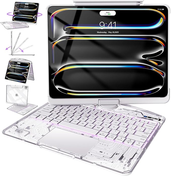 Intermerge Clear Keyboard Case for iPad Pro 11" (M4) 2024 Only, 360° Swivel Multi-Touch Trackpad, 7-Color RGB Backlit, Pencil Holder, Type-C, Power Indicator, Frost Pulse