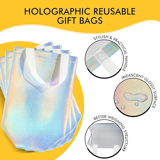 100 Pcs Iridescent Glossy Gift Bags Medium Size, 8x4x10 In Holographic Reusable Gift Bags with Handles & Sturdy Base, Ideal for Birthday, Wedding, Bachelorette, Party Favors, Holiday Goodie Bag