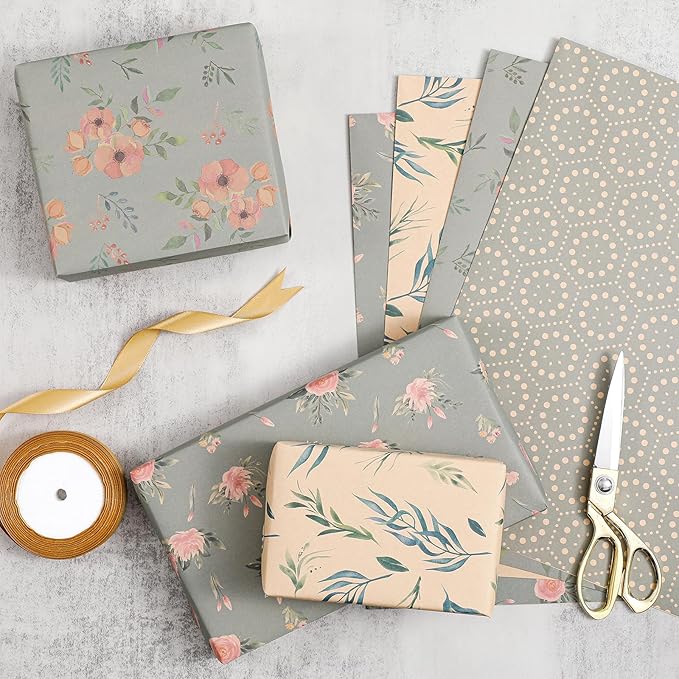 PlandRichW Wrapping Paper of Stylishly Designed Folded Kraft Wrapping Paper 12 Sheets Recycled Gift Wrapping Paper for Birthday, Wedding, Mother's Day, Party, and Baby Shower Precut 20" X 29"